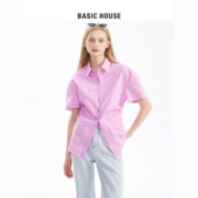 Basic House/百家好短袖衬衫女2023夏季新款紫色显瘦外穿衬衣上衣