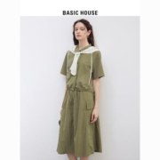 Basic House/百家好军绿色休闲连帽衬衣2023夏季通勤短袖衬衫上衣