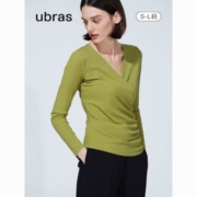 ubras交叠罗纹弹力修身打底舒适V领保暖肌底上衣内衣长袖T恤女