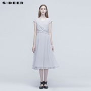 S·DEER 圣迪奥圆领创意压褶元素波浪裙摆花苞袖连衣裙S192812F5