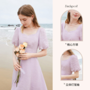 三彩2022夏季新款香芋紫连衣裙方领绑带灯笼袖桑蚕丝小个子女 紫色 155/80A/S