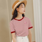 茵曼 夏季时尚气质休闲T恤衫条纹正肩同款百搭修身甜美23年新款