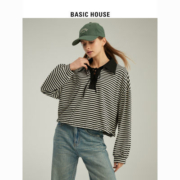 Basic House/百家好2023春季新款系带翻领长袖T恤宽松条纹卫衣女