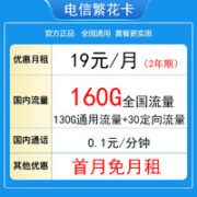 中国电信 繁花卡  两年期19月租 160G全国流量 ＋ 不限速