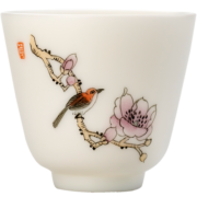 钰铨龙门 白瓷茶杯 德化羊脂玉瓷素烧手绘大号花鸟主人杯功夫茶具陶瓷茶杯 羊脂玉瓷花鸟茶杯-款式3（约130ml）