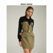 Basic House/百家好撞色带帽连衣裙2023春季新款垂感假两件卫衣裙