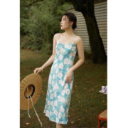 独束大码女装清新印花吊带裙女年夏季胖mm气质法式连衣裙 蓝绿色  XL
