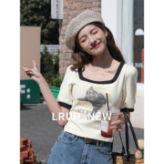 LRUD方领正肩短袖T恤女2023夏季新款小个子显瘦短款上衣修身体恤【10天内发货】