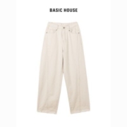 Basic House/百家好高腰阔腿裤女2023春季新款宽松复古明线牛仔裤