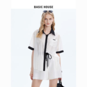 Basic House/百家好休闲套装2023夏季新款薄款衬衫长款短裤斜门襟