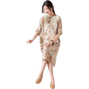 子牧棉麻夏装 女中式立领复古民族风改良旗袍长裙印花连衣裙6709 花色 XL(建议115-130斤)