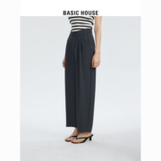 Basic House/百家好高腰休闲裤女2023夏季新款黑色直筒裤宽松显瘦