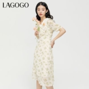 Lagogo2022新款双层领系带泡泡袖连衣裙女LALL303C70