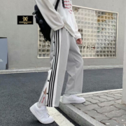 潮朝 春夏季裤子男港风条纹排扣直筒运动裤韩版潮流宽松百搭阔腿休闲长裤 排扣裤黑色 XL