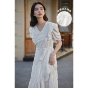 茵曼V领显瘦提花连衣裙女2023夏季新款宽松花边气质新疆棉伞裙子