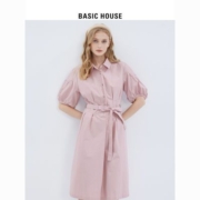 Basic House/百家好粉色连衣裙2023夏季轻奢翻领收腰温柔初恋裙子