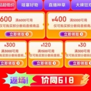 京东618 狂欢再续 领300-30/1500-120/3000-300/5000-400/6000-600数码PLUS券
