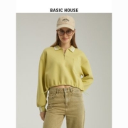 Basic House/百家好撞色翻领卫衣女2023春半拉链简约通勤宽松上衣