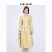 Basic House/百家好泡泡袖百褶连衣裙女2023夏季新款优雅显瘦裙子