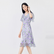 秋水伊人碎花雪纺连衣裙女2023夏季新款小众设计感显瘦收腰茶歇裙