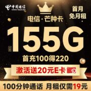 中国电信 芒种卡 19元月租（155G全国流量+100分钟通话+流量通话套餐长期有效）激活赠送20元E卡~