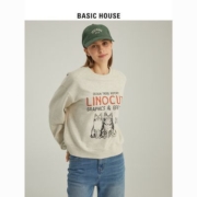 Basic House/百家好2023春季新款休闲圆领卡通印花卫衣落肩套头衫