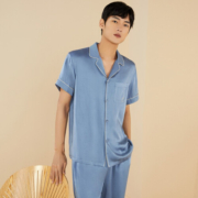 金三塔睡衣男100%桑蚕丝真丝绣花短袖拼接衣裤套家居服YSMAB401 雾蓝色5128 XL
