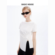 Basic House/百家好薄款斜边t恤2023夏季新款美式宽松纯色上衣女