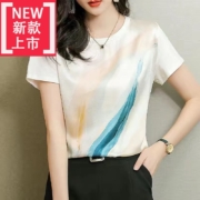 【捡漏】高档轻奢品牌真丝桑蚕丝醋酸缎面料凉感t恤女亲肤丝滑 仿短袖恤女印花2022夏季新款小衫韩 09款白色 【夏季衣服】 XL 建议115-125斤