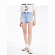 Basic House/百家好外穿高腰牛仔短裤女2023夏季新款显瘦浅蓝热裤