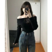 纯欲风露肩黑色毛衣女秋冬修身显瘦小众设计感辣妹针织衫长袖上衣