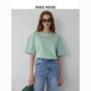 Basic House/百家好短袖t恤女2023夏季新款清新港式纯色圆领宽松