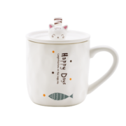 佳佰 带盖带勺陶瓷马克杯情侣杯咖啡杯茶杯牛奶杯麦片杯 猫鱼杯-单鱼