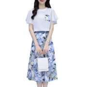 瑜珏（YuJue）裙子套装女连衣裙2023夏款显瘦印花半身长裙两件套女 蓝色花 XL