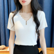BTTKDL2023夏季新款冰丝短袖T恤女装韩版露脐/腰V领上衣针织打底衫 蓝色 +[专柜品质] M 91-100斤