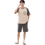 南极人男士睡衣男夏棉短袖套头宽松可外穿套头情侣家居服米白羽毛L