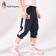 暇步士（Hush Puppies）童装女童裤子夏装2021年新款纯棉薄款花边收口运动短卫裤印花透气 深藏蓝 140cm