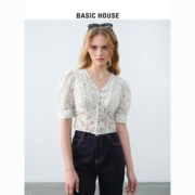 Basic House/百家好v领网纱打底衫上衣2023夏季新款性感蕾丝衬衫
