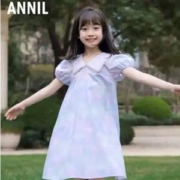 Annil 安奈儿 2023新款纯棉泡泡袖大翻领紫霞裙（110~160码）