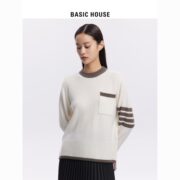 Basic House/百家好2023春季新款简约宽松撞色通勤长袖毛针织衫女