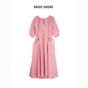 Basic House/百家好粉色连衣裙女2023夏季新款设计感收腰V领长裙