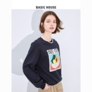 Basic House/百家好2023春季新款印花圆领卫衣女落肩宽松长袖上衣