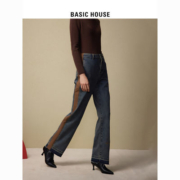 Basic House/百家好2023春季飞边拼接撞色阔腿裤深色复古牛仔裤女