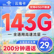 中国联通 云海卡 29元月租（143G全国通用流量+200分钟通话）支持5G不限网速,可开热点~