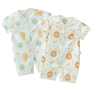 aqpa婴儿短袖连体衣纯棉纱布夏季薄款新生儿宝宝爬爬服哈衣前开扣 哇塞露营(1件) 59cm