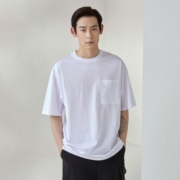 MECITY男装2021夏季新款时尚简约潮流胸前贴袋针织短袖男圆领T恤