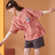 顶瓜瓜女士短袖短裤套装针织卡通圆领套头可外穿女士家居服短袖短裤 DGG-25081 XL码