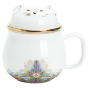 苏氏陶瓷（SUSHI CERAMICS）茶格盖杯彩画招财猫过滤水杯办公茶杯带便携旅行包（光洁白款）
