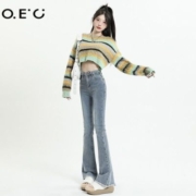 OEC 夏季浅蓝色牛仔裤女新款弹力紧身显瘦高腰毛边辣妹马蹄拖地裤