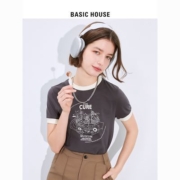 Basic House/百家好修身正肩女t恤2023夏季新款撞色拼接圆领短袖